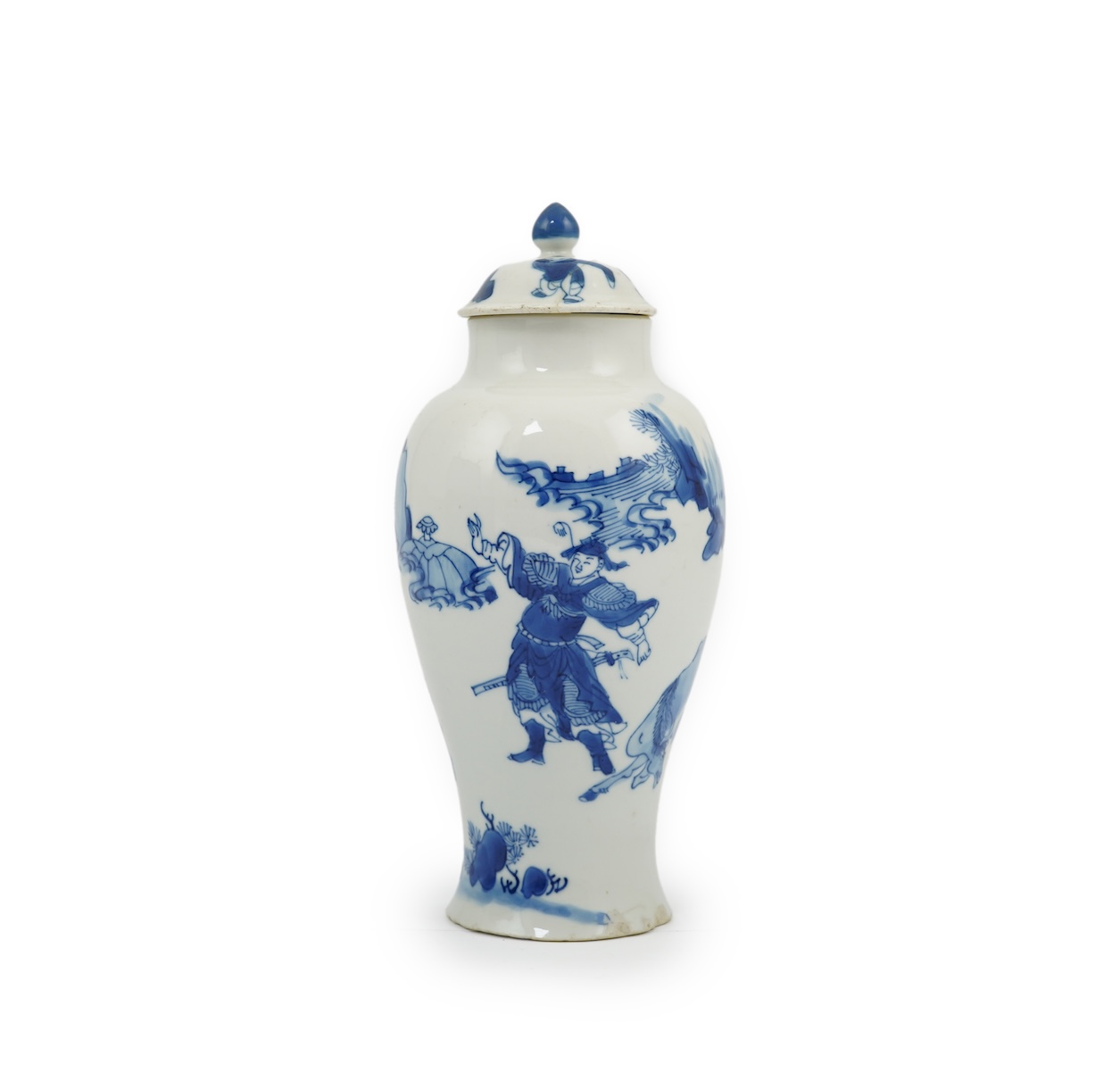 A Chinese blue and white baluster vase, early Kangxi, and associated cover